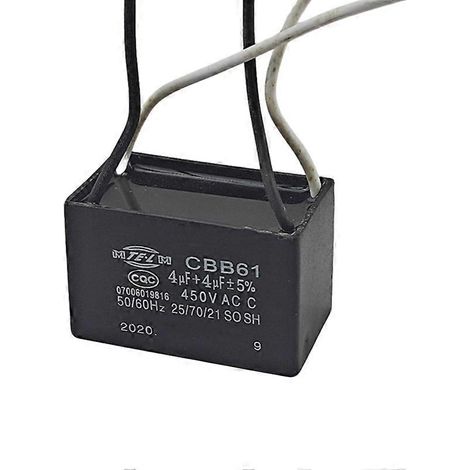 Condensateur double à 4 fils CBB61 4 μF + 4 μF 400 V pour ventilateur électrique sur pied ou sur boîte ( ) (1/3)