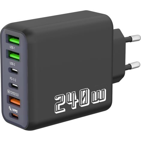 Chargeur mural 240W multi-ports 6-en-1 (3 USB-A + 3 USB-C), prise EU noire, charge rapide pour smartphones (1/5)