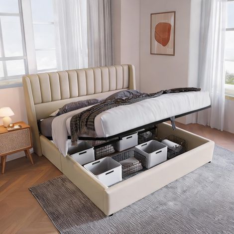 Cadre de lit beige en lin 214,5 x 153 x 113 cm (1/5)