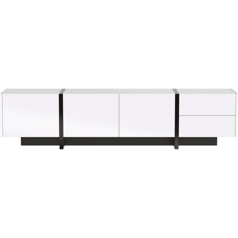 Mueble de TV bajo blanco y negro brillante de aglomerado, 3 puertas, 2 cajones, 190 x 35 x 45 cm (1/5)