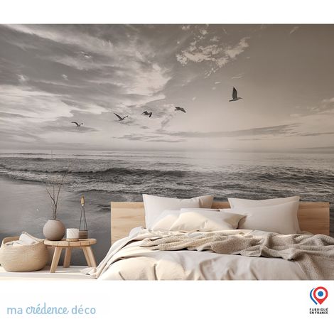 Papier peint : Mer, soleil et oiseaux - Intissé - L.300 x H.280 cm - Gris platine (1/5)