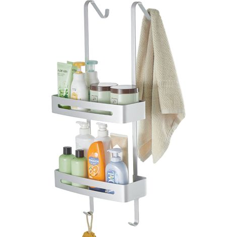 Etagere Douche à Suspendre, Rangement Douche sans Percage avec 2 Pièces Réglable Panier à Suspendre Pour douche avec paroi ou porte vitrée pour le gel Douche et le Shampooing - Argenté (1/5)
