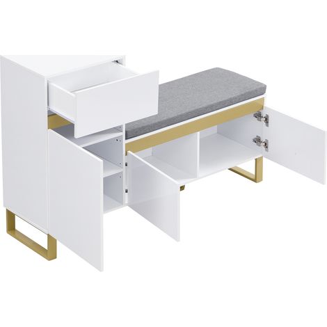 Armoire à chaussures multifonctionnelle en MDF blanc avec coussin, 120x35x85 cm, rangement et siège pour entrée (1/5)