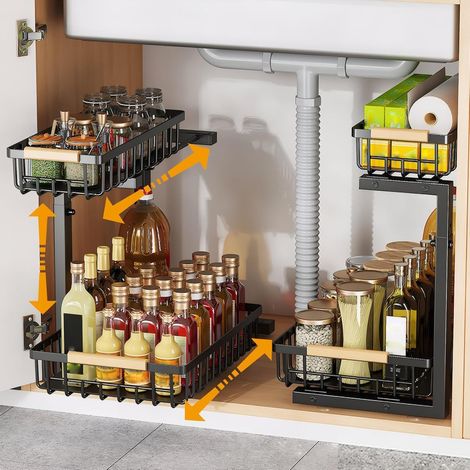 Lot de 2 organiseurs de rangement sous évier en métal à 2 niveaux - Rangement coulissant et organisation de cuisine multifonction pour cuisine, salle de bain et garde-manger(noir) (1/5)
