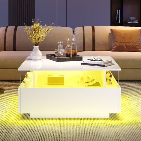 Couchtisch aus Spanplatte in Weiß Hochglanz 70 x 70 cm mit LED, 2 Schubladen und Präsentationsfach (1/5)