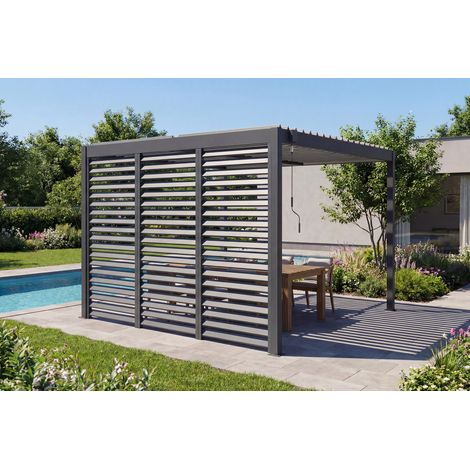 Pergola bioclimatique autoportée 3x3m PIANA aluminium gris avec 3 persiennes brise-vue
