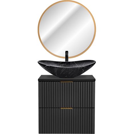 Waschplatz Set mit marmoriertem Keramik-Aufsatzbecken und LED-Spiegel, matt schwarz mit gerillter Front ADELAIDE-56-BLACK, B/H/T ca. 62/200/46,5 cm (1/5)