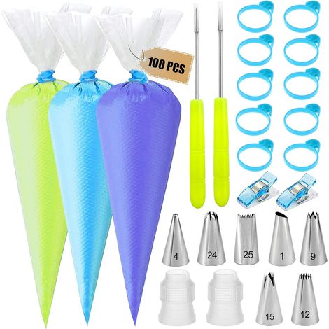 Sac à Douille - Sac à Glacer Jetable 30 cm - Embouts de Décoration 7 Pièces - Attaches en Silicone 10 Pièces - Kit Complet pour Décoration de Gâteaux et Cookies (1/5)
