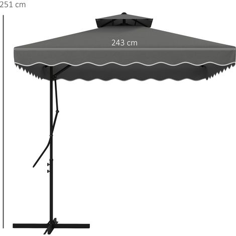 Parasol 243x243cm pour balcon, protection UV, parasol déporté à double toile et pied en croix, volants, 4 baleines, gris foncé (1/5)