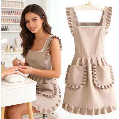 Grembiule da donna in due pezzi, stile carino, ideale per salone di bellezza, cucina, caffetteria, abbigliamento da lavoro monopezzo, cucina casalinga, pulizie, grembiule senza maniche - Beige (1/5)