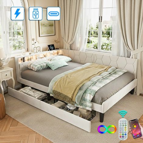 Doppelbett 140x200 cm mit 2 Schubladen, LED-Kopfteil mit Stauraum, USB- + Typ-C-Ladeanschluss, in 2 Formen umwandelbar, Samtstoff – Beige
