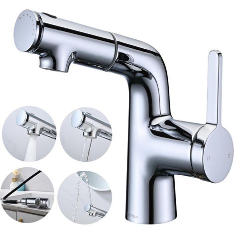 Waschtischarmatur mit ausziehbarer Brause, 3 Strahlarten, Einhebelmischer, Chrom (1/5)
