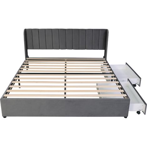 Bett 180 x 200 cm aus grauem Samt mit Lattenrost, Kopfteil und 2 Schubladen MODENUIT (1/5)
