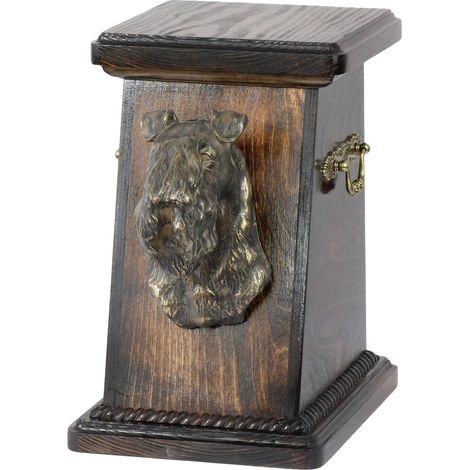 Urne funéraire élégante pour Kerry Blue Terrier et Irish Blue Terrier, ornée d'une statuette et d'un buste de chien, par Art-Dog. (1/5)