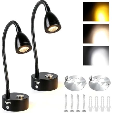 Lot de 2 Lampe de Lecture 12V Camping-Car, Lampe LED Col de Cygne Flexible Tactile Dimmable 3000K-6000K avec Port USB, Lampe Murale pour Camping-Car Caravane Bateau Van Camion (1/5)