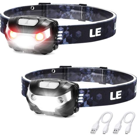 Lampe Frontale LED Rechargeable 1300 Lux 5 Modes 2Pcs Léger Torche Frontale Puissante avec Lumière Rouge, IPX4, Autonome 30 Heures, Lumiere Frontale pour Camping, Bricolage (1/5)