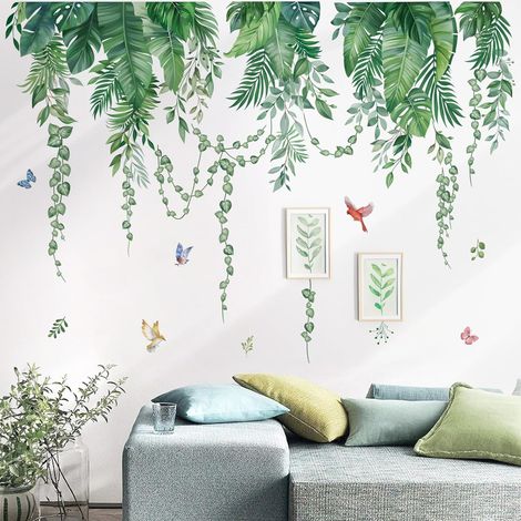 Sticker mural JeiibrZui Feuille de palmier naturelle - 30 cm x 90 cm - Lot de 2 - Décoration murale végétale tropicale verte pour salon et chambre (1/5)