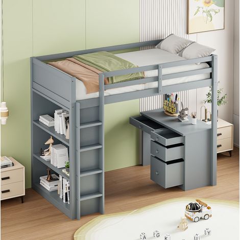 Cama alta de madera gris 90x200 cm con escritorio y armario de almacenamiento (1/5)