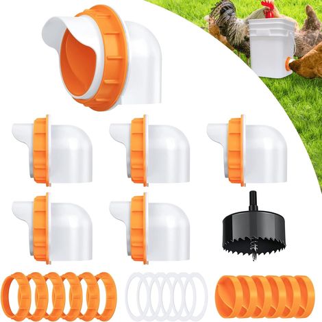 Mangeoire automatique pour volailles en 6 parties - Zéro gaspillage d'aliments - Comprend 6 couvercles et 1 foret - Orange - Compatible avec les seaux d'aliments (1/5)