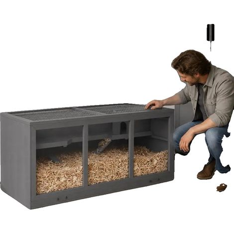Gabbia per criceti, struttura in legno resistente, facile accesso, colore grigio. (1/5)
