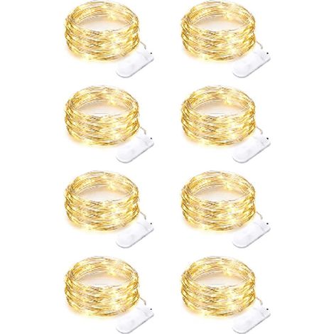 Guirlande lumineuse à piles (lot de 20), fil argenté de 2,13 m, jaune chaud, étanche, idéale pour mariages, fêtes et Noël (8 pièces). (1/5)
