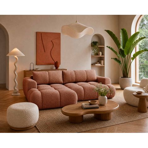 Bestmobilier – Canapé d'angle gauche 4 places convertible avec coffre – Tissu bouclette – Couchage occasionnel – Style contemporain – Couleur rouille (1/5)