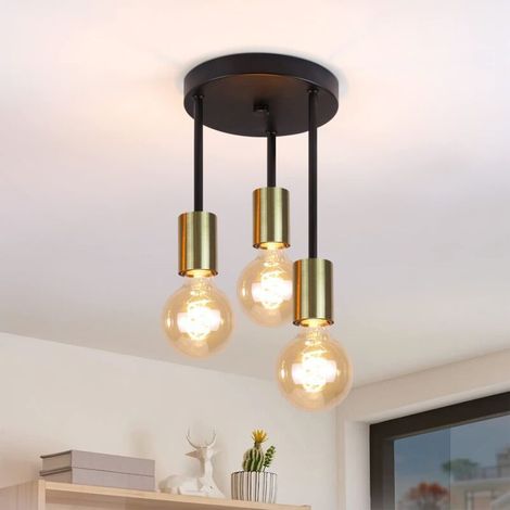 Plafonnier Suspendu 3 Lumières Vintage E27 Noir et Or avec 3 Spots - Lustre Industriel Moderne pour Salle À Manger,, Couloir, Salon, Bar, Restaurant [Classe énergétique A] (1/5)