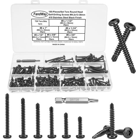 185 Pièces Vis Autoforeuse Metal Noir,M4.2 Vis à Tôle Autotaraudeses et Autoperceuse Autoperforante Inox 410 Tête Bombée Ronde pour Aluminium Bois Tôle Plastique.Avec 1 TX20. (1/5)