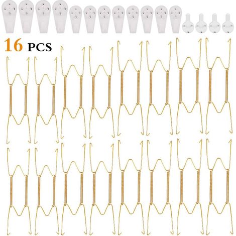 16pcs - Support Assiette - Crochet Mural - Acier Inoxydable Doré - Pour Assiettes Décoratives Rondes Ou Carrées - Salon Chambre Restaurant - Doré - 6in 8in 10in 12in