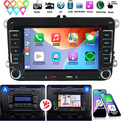 Autoradio compatible avec VW Golf 5, 6 Plus, Touran, Caddy et Jetta, CarPlay, Android Auto, commandes au volant, AM et Bluetooth.
