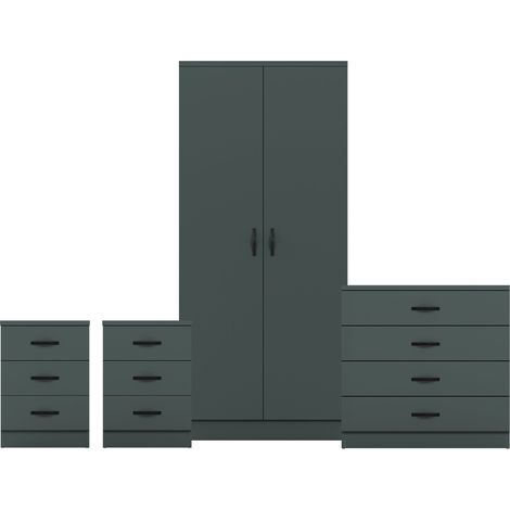 Riano 4 Piece Bedroom Set (3 Drawer Bedside Chest, 4 Drawer Chest, 2 Door Wardrobe), Green (1/3)