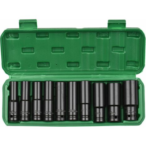 BRAVIX Jeu de douilles a chocs hexagonales a entrainement 1/2 pouce, 10 pieces, tailles metriques de douilles profondes, en acier au carbone de 10 a 24 mm avec boite de rangement rigide, modele : noir (1/5)