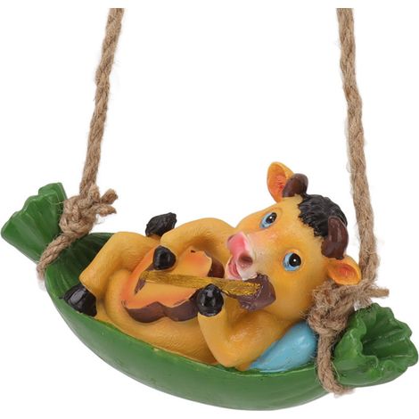 Statue de vache jouant de la guitare pour jardin, sculpture de bétail en résine jaune, mignonne et vivante, à suspendre, pour pelouse, patio ou cour. (1/5)