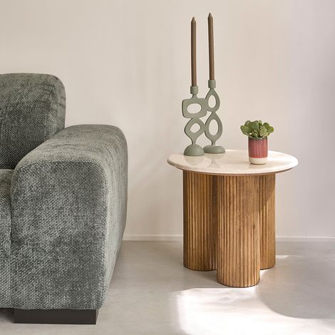 Table d'appoint en bois de manguier et marbre ronde (1/5)