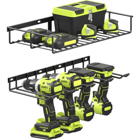 Étagère de rangement à 2 niveaux pour outils électriques, support mural pour 4 outils de perceuse électrique, étagère à outils sans fil pour garage, atelier (1/5)