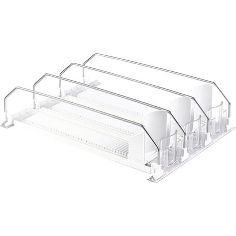 Organizador de bebidas blanco para refrigerador con empujador automático, dispensador de refrescos para refrigerador con capacidad para hasta 15 unidades.