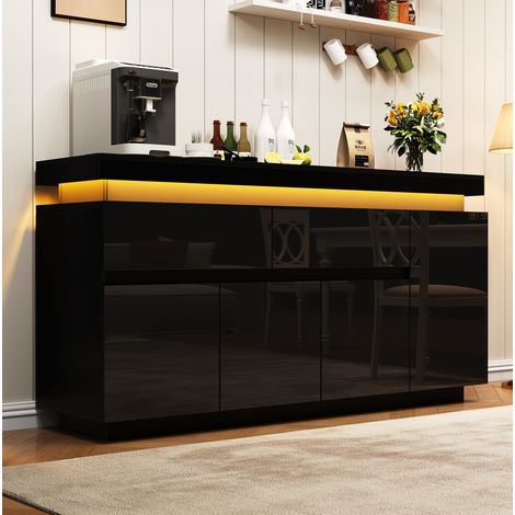 Aparador salón con LED, 4 puertas y 2 cajones, acabado negro brillante y estantes regulables, mueble de almacenaje de 140 cm para salón moderno – CHICFURN (1/5)