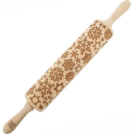 Rodillo de madera MoodForWood, grabado, 43 cm con asas, perfecto para hornear - Diseño de copos de nieve (1/5)