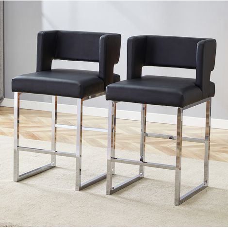 Barstuhl, quadratischer gepolsterter Sitz, 91.4 cm Höhe, komfortables 8.3 cm Kissen, Metallbeine, PU Leder, Schwarz Silber (1/5)