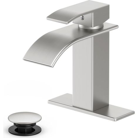 Moderne Wasserfall-Waschtischarmatur aus gebürstetem Nickel mit Einhebelmischer, geeignet für 1- oder 3-Loch-Montage, inklusive Abdeckplatte und Schlauch. (1/3)