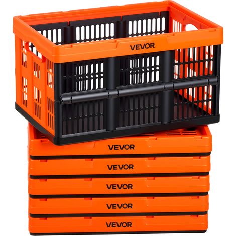 VEVOR Caisse Plastique Pliable 45 L Lot de 6, Cagette Pliable avec Poignees, Charge Max. 15 kg par Caisse, Bac de Rangement Empilable pour Maison, Voiture, Camping et Courses, en PP, Orange et Noir (1/5)