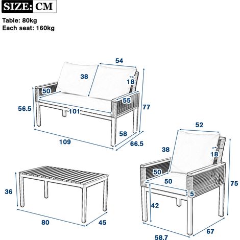 Ensemble salon de jardin, ensemble de meubles de jardin avec coussins confortables, canapé double, 2 fauteuils et table, extérieur, rotin, table et chaises, beige