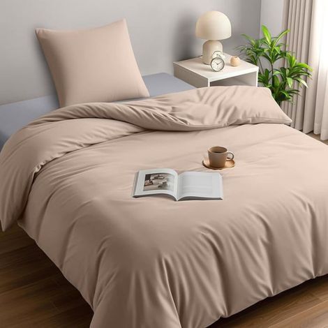 Housse de Couette 1 Personne 135x200 cm avec 1 Taie oreiller 80x80 Beige 135x200cm + 1 x Taie Oreiller 80x80cm PARURE DE COUETTE (1/5)