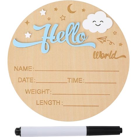 Panneau de Bienvenue pour Nouveau-Né, Rond en Bois de 15cm Motif Lune et Nuages Hello World Accessoire Photo pour Baby Shower Hôpital Crèche (1/5)
