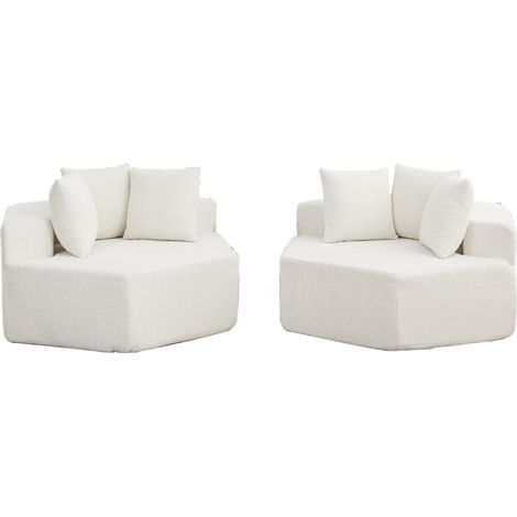 Canapé modulable hexagonal beige 2 places en chenille bouclée, fauteuil lounge moderne avec trois coussins et accoudoirs carrés (1/5)