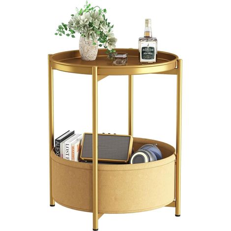 Table d'appoint ronde, petite table de balcon en métal, table basse à 2 niveaux, table basse avec panier en tissu, table de chevet, table d'appoint pour salon, chambre à coucher, terrasse, doré (1/5)
