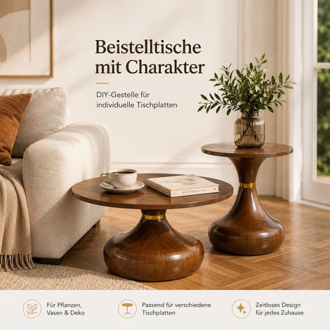 Ensemble de 2 pieds de table aspect noyer, version haute et basse en acier au carbone, anneau décoratif doré, à monter soi-même pour tables basses, d'appoint ou décoratives, plateau non inclus. (1/5)