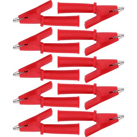 Lot de 10 pinces crocodiles en laiton isolées PVC pour multimètre, compatibles avec les fiches bananes de 4 mm (rouge). (1/5)