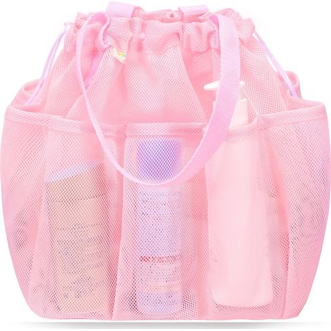 Panier de douche portable en filet avec cordon de serrage, un indispensable pour les résidences universitaires — rose (1/5)