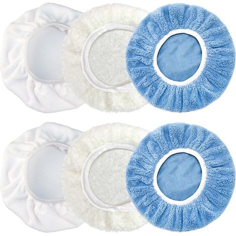 6 Pièces Bonnet de Polissage Voiture, Polissage pour Capot de Voiture, Bonnets de Polissage en Microfibre Polissage, Réutilisable, pour Aux Polisseuses Automobiles de 230 mm à 250 mm, Blanc et bleu (1/5)